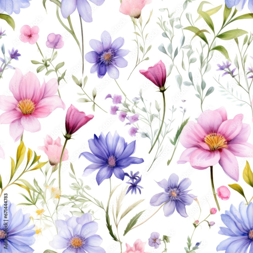 Seamless pattern of watercolor field flowers white background