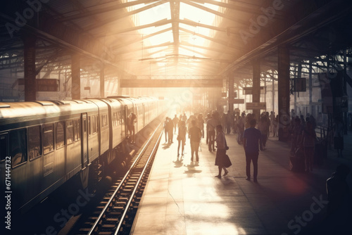 People moving swiftly in a sunlit station, creating a dynamic scene