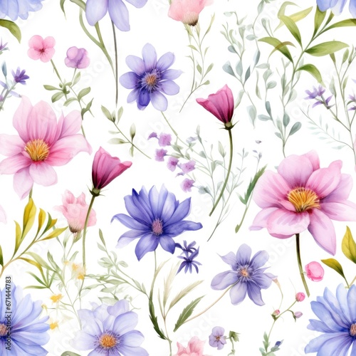 Seamless pattern of watercolor field flowers white background