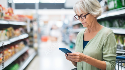 A woman uses her smartphone to check her purchase list in a supermarket