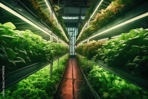 of hydroponic vegetable garden in greenhouse with neon lights