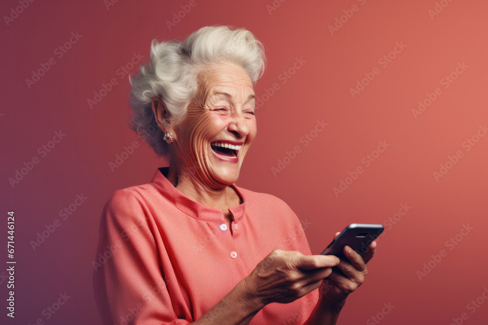 Joy in Age: Elderly Woman Smiling and Enjoying Her Smartphone Against a Cheerful Colored Background. Joy in Age: Elderly Woman Smiling and Enjoying Her Smartphone Against a Cheerful Colored Background.