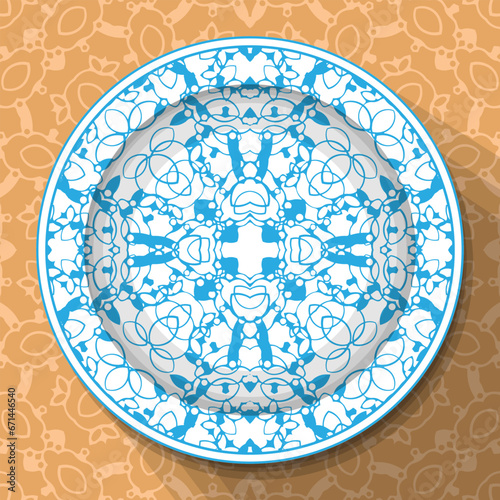 A white plate with an openwork blue ornament  located on a light brown patterned tablecloth. Pattern No. 3. Vector illustration