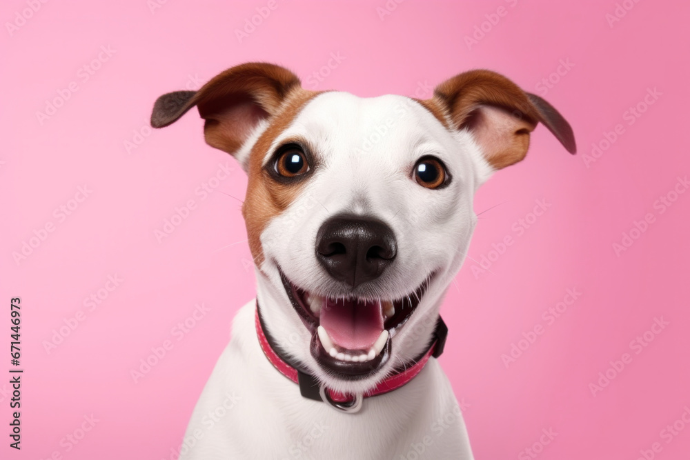 Fototapeta premium Bubblegum Bliss: Joyful Jack Russell Terrier Smiling Over a Pink Background - Celebrating Domestic Animals.