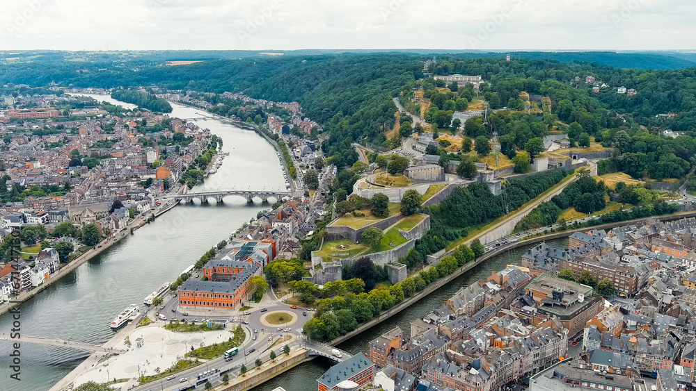 Namur, Belgium. Citadelle de Namur - 10th-century fortress with a park, rebuilt several times. Panorama of the central part of the city. River Meuse. Summer day, Aerial View