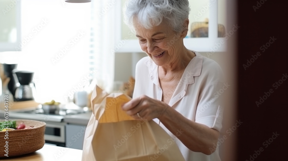 A woman opens shopping bags in the kitchen - obrazy, fototapety, plakaty 