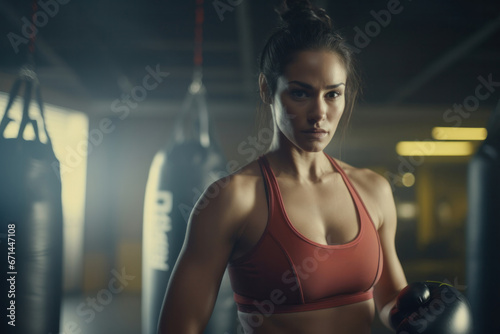 Combat Fitness: Female Athlete's Intense Mixed Martial Arts Training with Striking Bag in Gym.