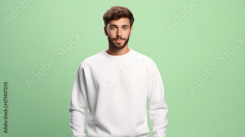 Fresh Style Preview: Man in White Sweater Mockup Against a Light Green Studio Backdrop.