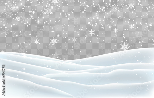 Snow flakes, snow and blizzard falling on snowdrifts. Snow landscape decoration, frozen hills isolated on png background. Vector heavy snowfall with snowbanks field. Christmas vector illustration