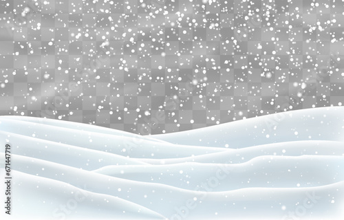 Snow flakes, snow and blizzard falling on snowdrifts. Snow landscape decoration, frozen hills isolated on png background. Vector heavy snowfall with snowbanks field. Christmas vector illustration photo