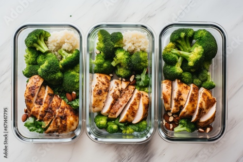 Healthy Homemade High-protein chicken meal prep in glass containers © COC STUDIO