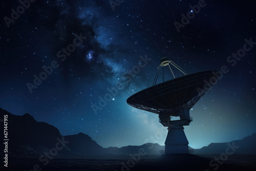 Cosmic Watch: Satellite Dish Silhouettes of a Space Observatory Against the Starry Night Sky.