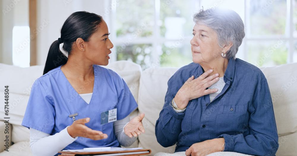Throat, consulting and nurse with senior woman on sofa for medical care, support and service. Healthcare, retirement home and caregiver with elderly patient for insurance, documents and report Throat, consulting and nurse with senior woman on sofa for medical care, support and service. Healthcare, retirement home and caregiver with elderly patient for insurance, documents and report