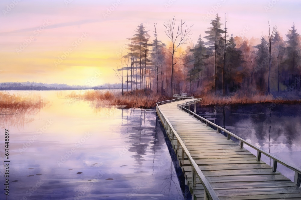 Naklejka premium Peaceful and Serene Design of a Dusk Walk on Calm Lake Waters