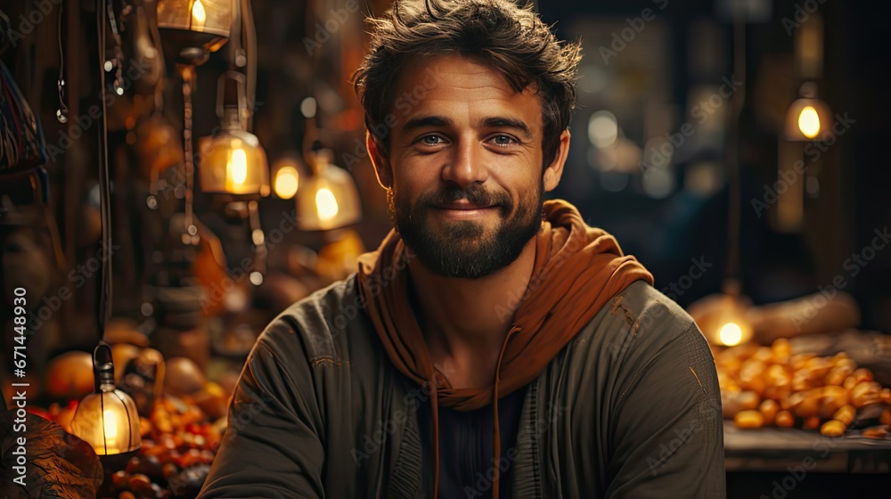 Obraz premium Portrait of happy arabic guy smiling at camera over background, copy space. Man portrait illustration. Generative AI