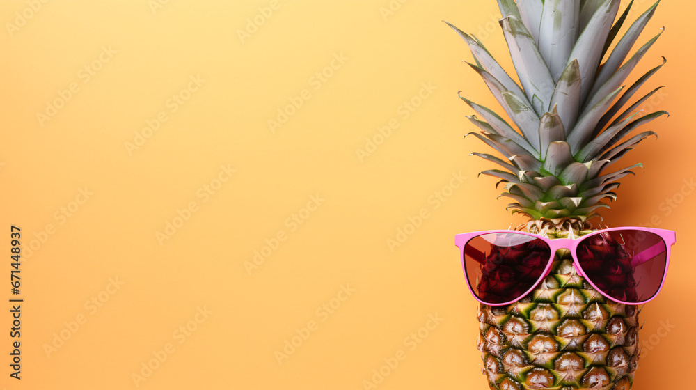 Hipster pineapple with sunglasses against a pink wood