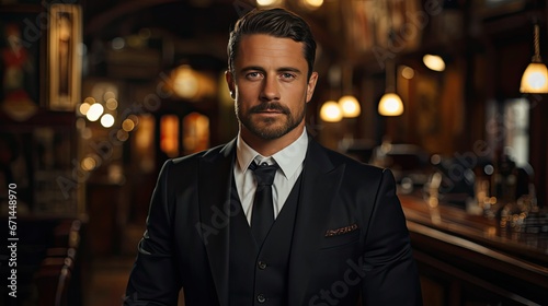 Portrait of handsome man in black suit. Man portrait illustration. Generative AI
