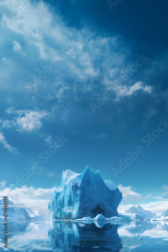 an iceberg floating in the ocean, arctic landscape and blue sky
