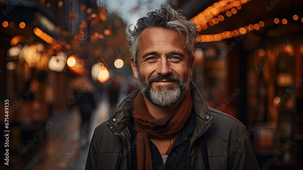 Middle age grey-haired man smiling happy walking at street of city. Smile emotion illustration. Generative AI Middle age grey-haired man smiling happy walking at street of city. Smile emotion illustration. Generative AI