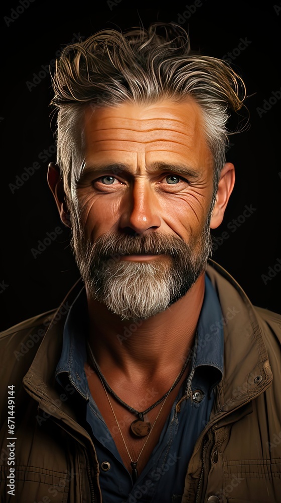 Portrait of smiling mature man standing on background. Model portrait illustration. Generative AI Portrait of smiling mature man standing on background. Model portrait illustration. Generative AI