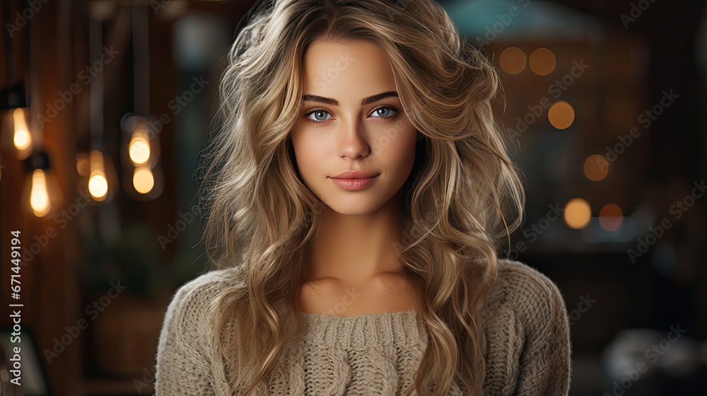 Portrait of young happy beautiful woman smiling and standing on background in a warm sweater. Young female girl with a perfect smile looking right. Smile emotion illustration. Generative AI