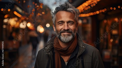 Middle age grey-haired man smiling happy walking at street of city. Smile emotion illustration. Generative AI © tanyastock