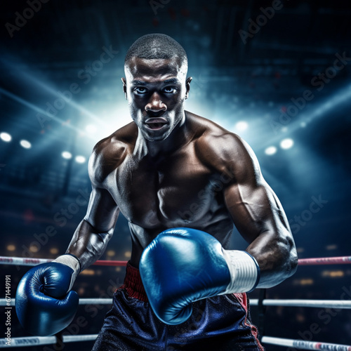 Emotional strong man boxers in dynamic action in boxing ring