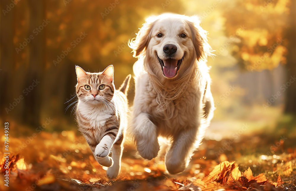 golden retriever and cat running in the park