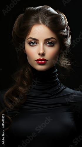 Black and white fashion art studio portrait of beautiful elegant woman in black turtleneck. Hair is collected in high beam. Model illustration. Generative AI