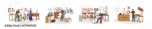 Bicycle repair service set. Mechanics fixing bikes at workshops. Repairmen, workers pumping tires, works with cycle chain, wheel puncture. Flat vector illustrations isolated on white background