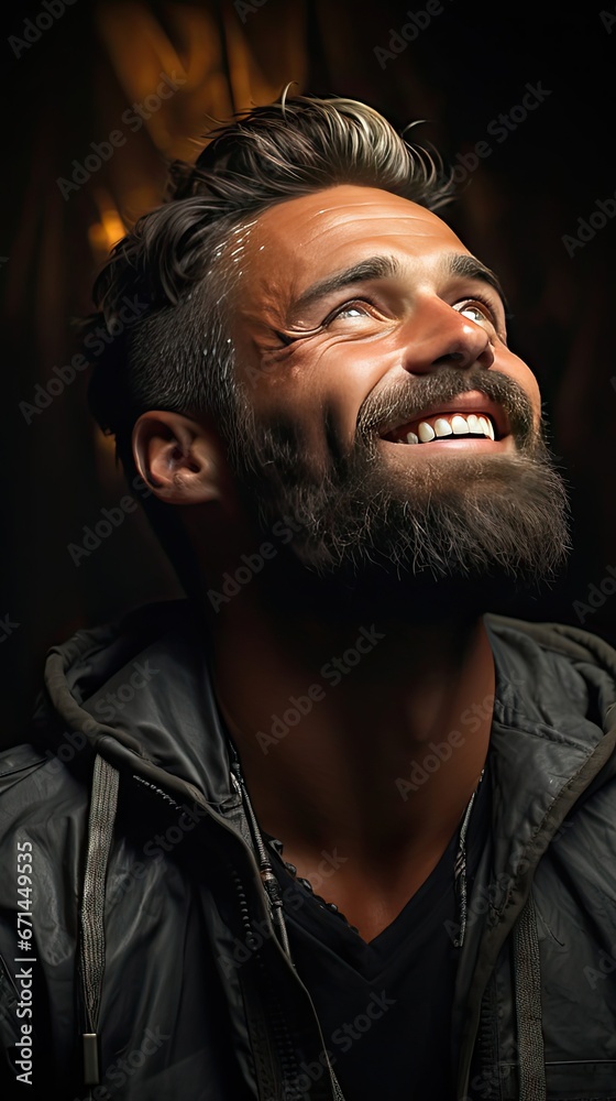 Attractive swedish man with stylish hair and beard laughs at funny story from friend with crossed hands and closed eyes. Man portrait illustration. Generative AI