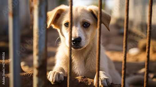 Homeless dog waiting for adoption in shelter cage