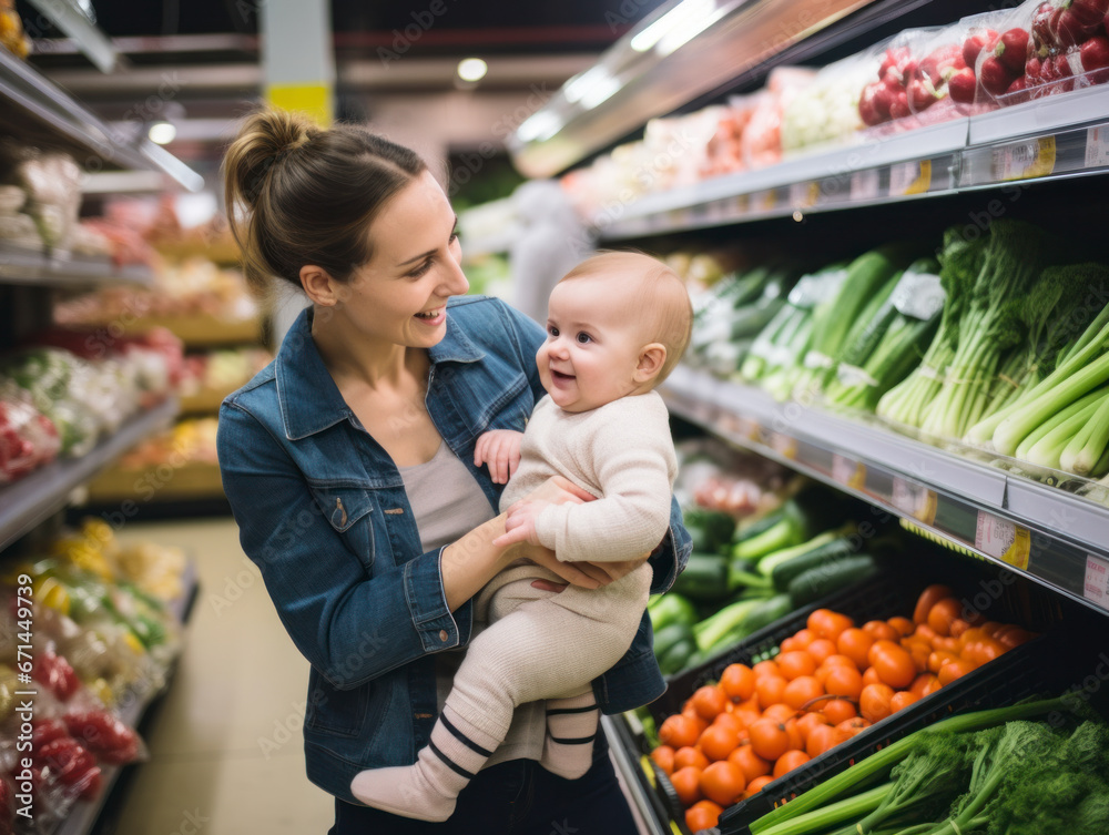White Americans shopping at supermarkets with babies