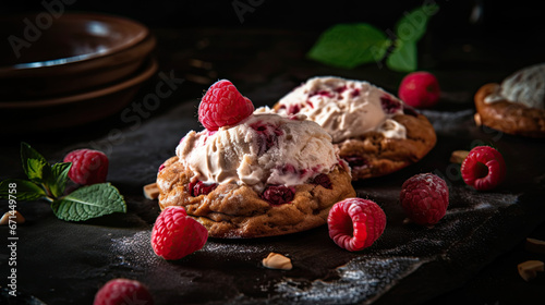 A plate of raspberry ice cream with a scoop of vanilla ice cream and raspberry sauce. photo