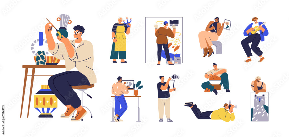 Creative art and craft hobbies set. Music, photography, painting, pottery and ceramics. Modern artist, designer, ceramist, musician, photographer. Flat vector illustration isolated on white background Creative art and craft hobbies set. Music, photography, painting, pottery and ceramics. Modern artist, designer, ceramist, musician, photographer. Flat vector illustration isolated on white background