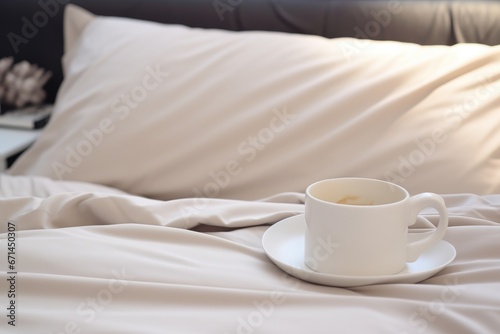 Cup of hot coffee in bed. Morning mood.