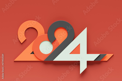 3D illustration inscription 2024 on a red   background. Changeability of years. Illustration of the symbol of the new year. photo