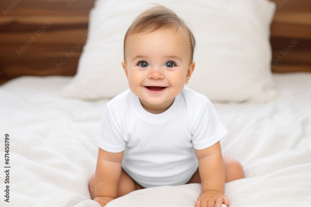 Baby wearing white shirt bodysuit for mock up. at white bed.