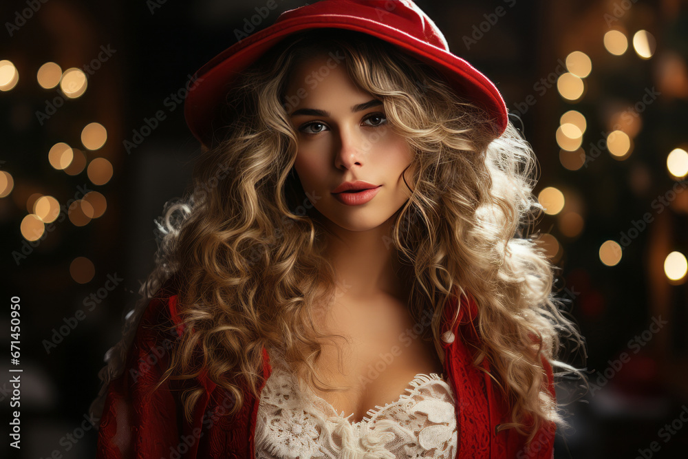 Fototapeta premium Winter portrait of woman in red Santa theme, Merry Christmas and Happy New Year festival