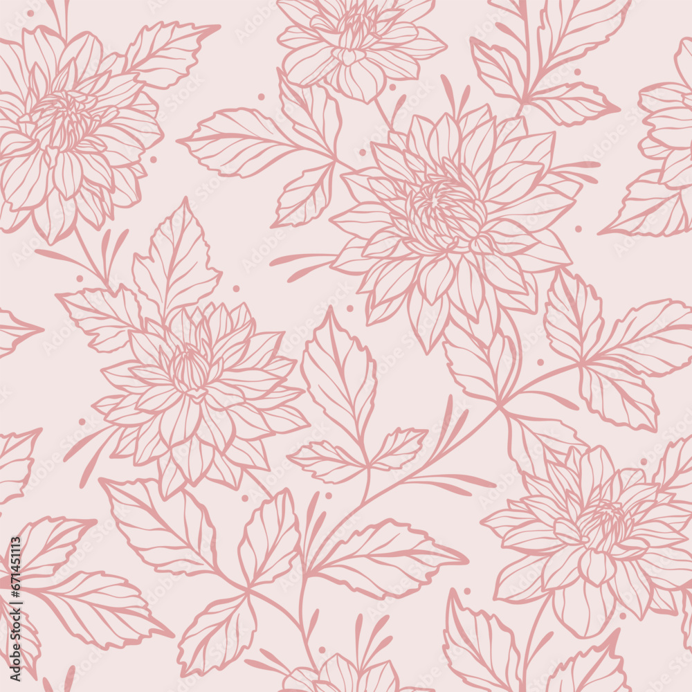 Elegant monochromatic pastel pink floral vector background with dahlia flowers, climbing vines seamless repeat pattern. Spring luxury feminine wallpaper with hand drawn line art botanical elements.