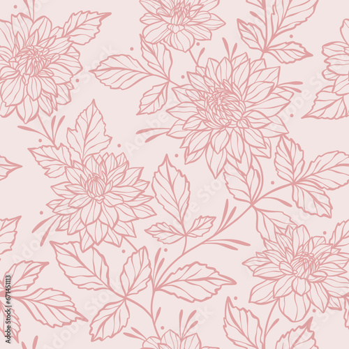 Elegant monochromatic pastel pink floral vector background with dahlia flowers, climbing vines seamless repeat pattern. Spring luxury feminine wallpaper with hand drawn line art botanical elements.