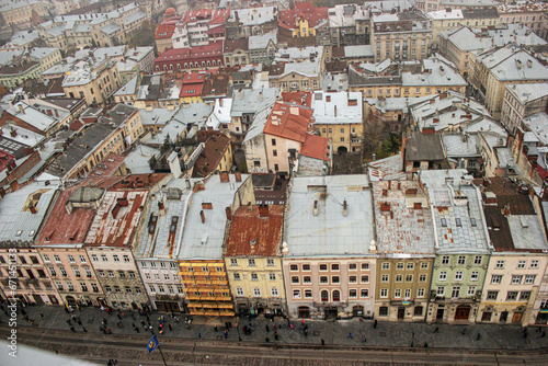 Many different houses in Lviv shot from above