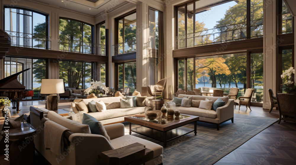 Grand living space adorned with expansive windows.