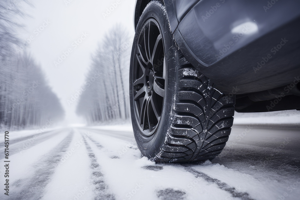 Car tires on winter road covered with snow. vehicle on snowy alley in the morning at snowfall