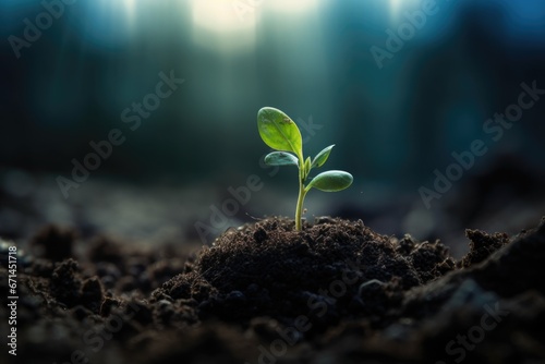 Spring small green sprout grows on the ground. On nature background.