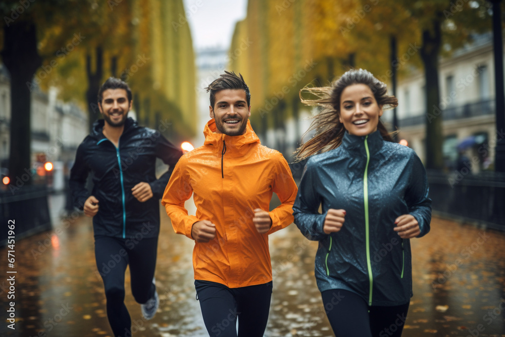 Obraz premium Group people in color sportswear, women's and men's running at Paris city in splashes rain.
