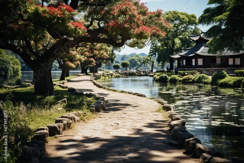 Beautiful colorful summer spring natural landscape with a lake in Park surrounded by green foliage of trees in sunlight and stone path in foreground. Generative ai