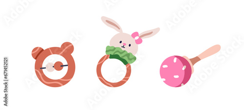 Rattles set. Newborn babies toys, shaking for noise, sound. Kids nursery items for fun, play. Infants items, funny cute wooden objects. Flat vector illustrations isolated on white background