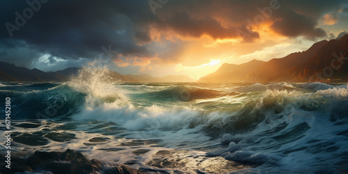 panorama view waves storm, seascape, sea or ocean water under sunset sky with dark blue clouds. Background summer © Andrii IURLOV