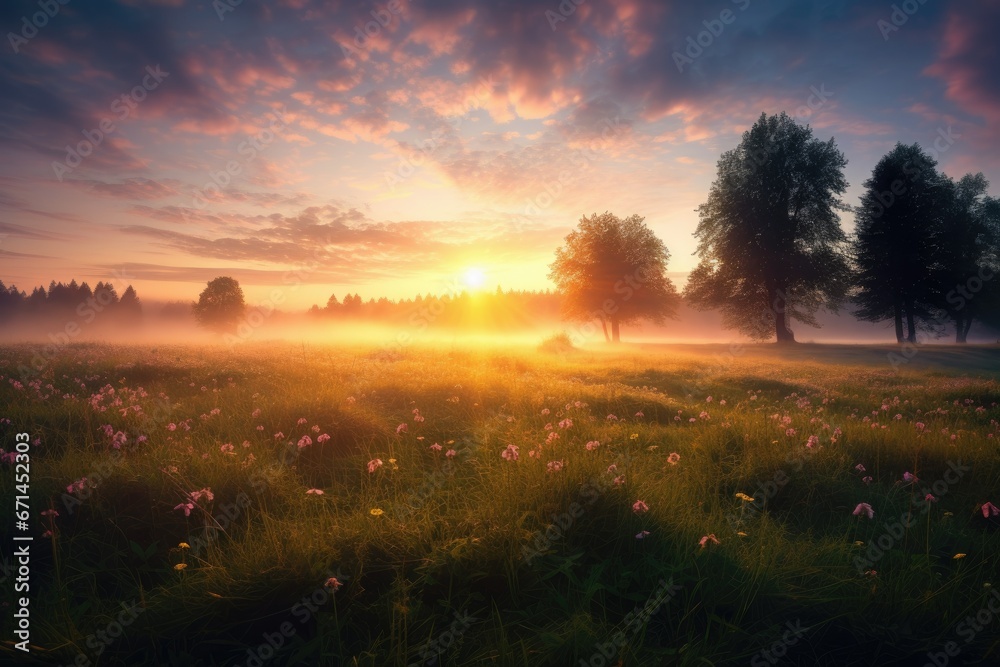 This photo captures the beautiful moment of sunrise over a meadow with pink flowers and a lonely tree.

 Generative AI